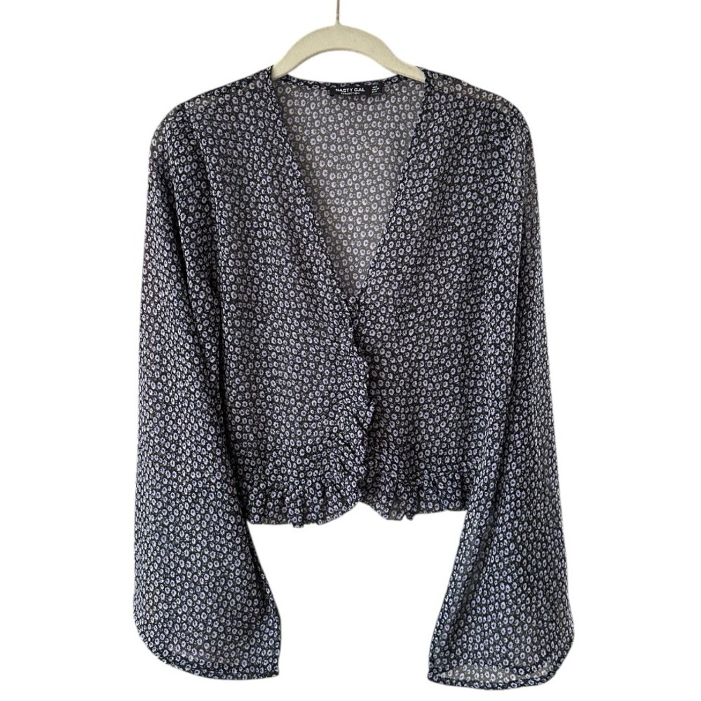 Nasty Gal Sheer Ditsy Floral Button Flare Sleeve Top Blouse Black Purple Sz 2